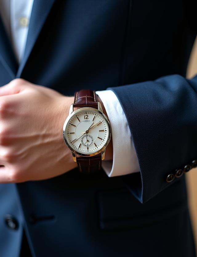 A classic dress watch with a leather strap shown on a man's wrist with a suit cuff.