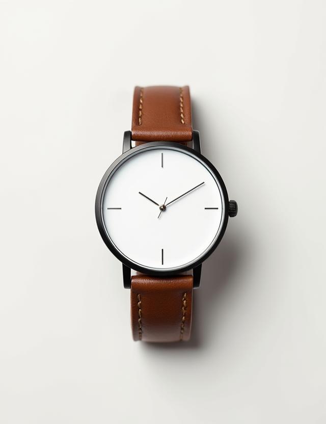 A minimalist watch with a clean white dial and a simple leather band against a neutral background.