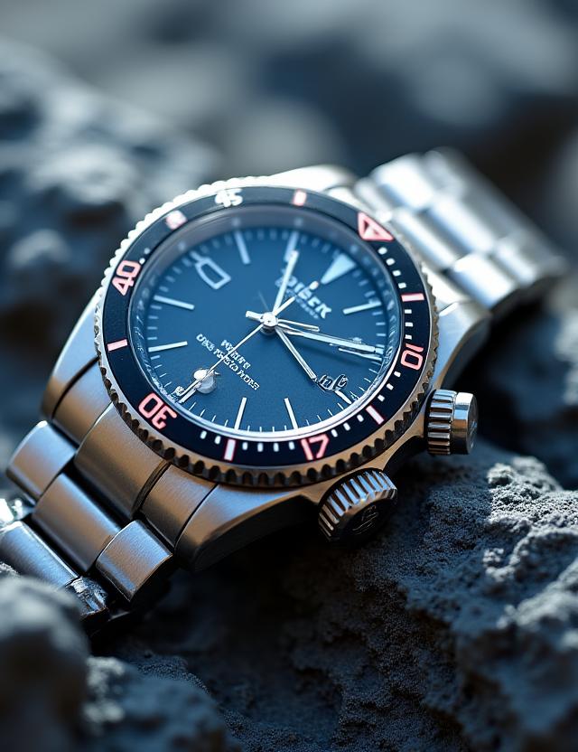 A rugged diver watch with a steel bracelet and a rotating bezel.