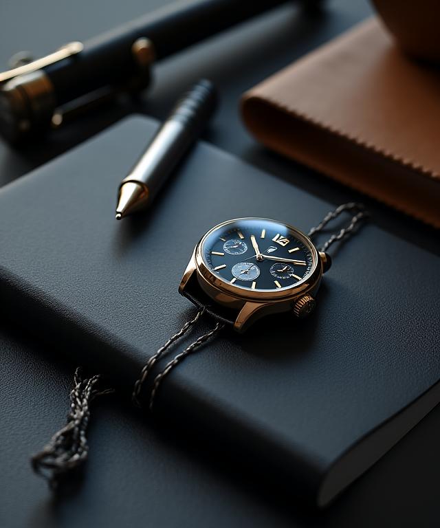 An artfully composed shot of a watch resting on a dark, textured surface next to a pen and notebook.