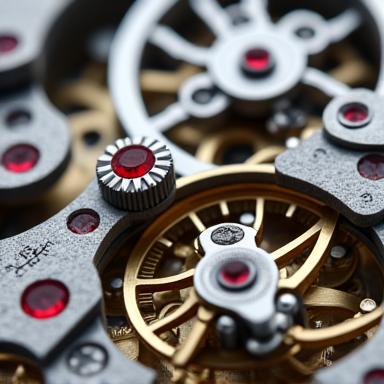 An intricate view of an automatic watch movement with its gears and rotor visible.
