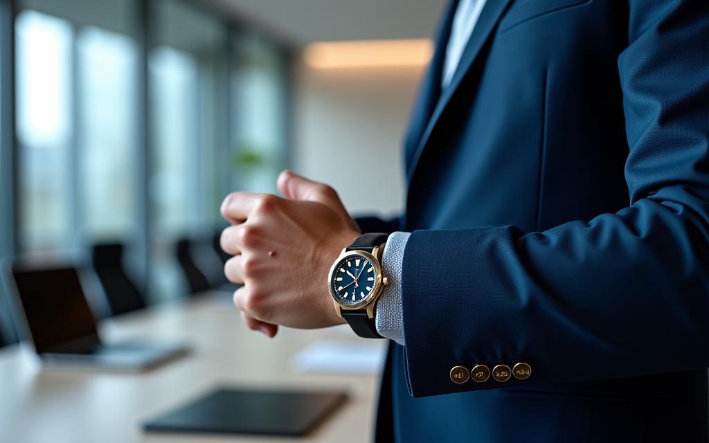 A man in a business suit in a modern office, with a clear view of his dress watch.