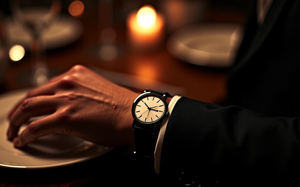 A close-up of a minimalist watch on a man's wrist in a dimly lit, elegant restaurant setting.