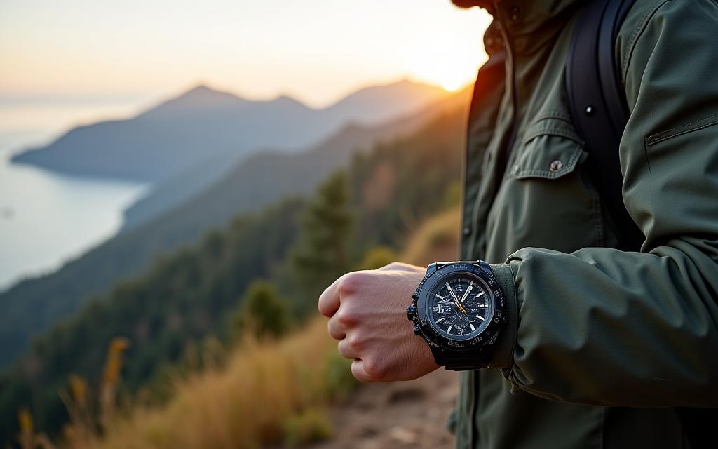A man wearing a casual jacket and a rugged sports watch, looking out over a scenic landscape.